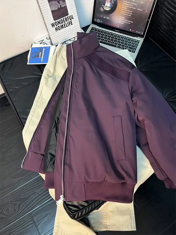 

Фиолетовая мужская зимняя куртка-бомбер из хлопка в американском пилотском стиле с воротником-стойкой, модная, на молнии, для повседневной носки