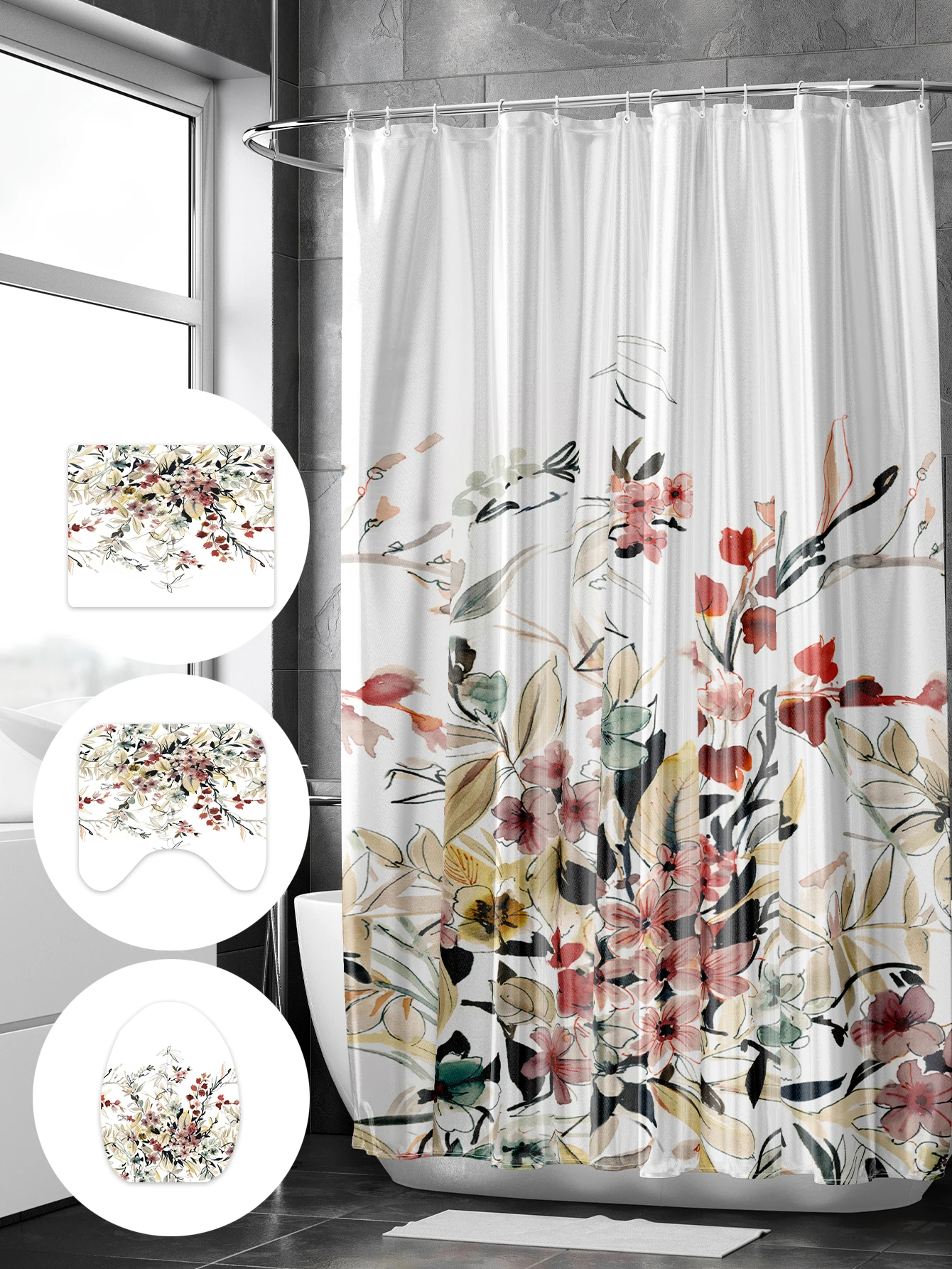 4PCS Colorful Butterfly Plant Series Shower Curtain Set with Four Pieces Bathroom Decoration