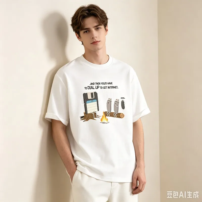 Summer Casual Short Sleeve Tshirt AND THEN YOU'D HAVE TO DIAL UP TO GET INTERNET Vintage Floppy Disk USB Campfire Cartoon