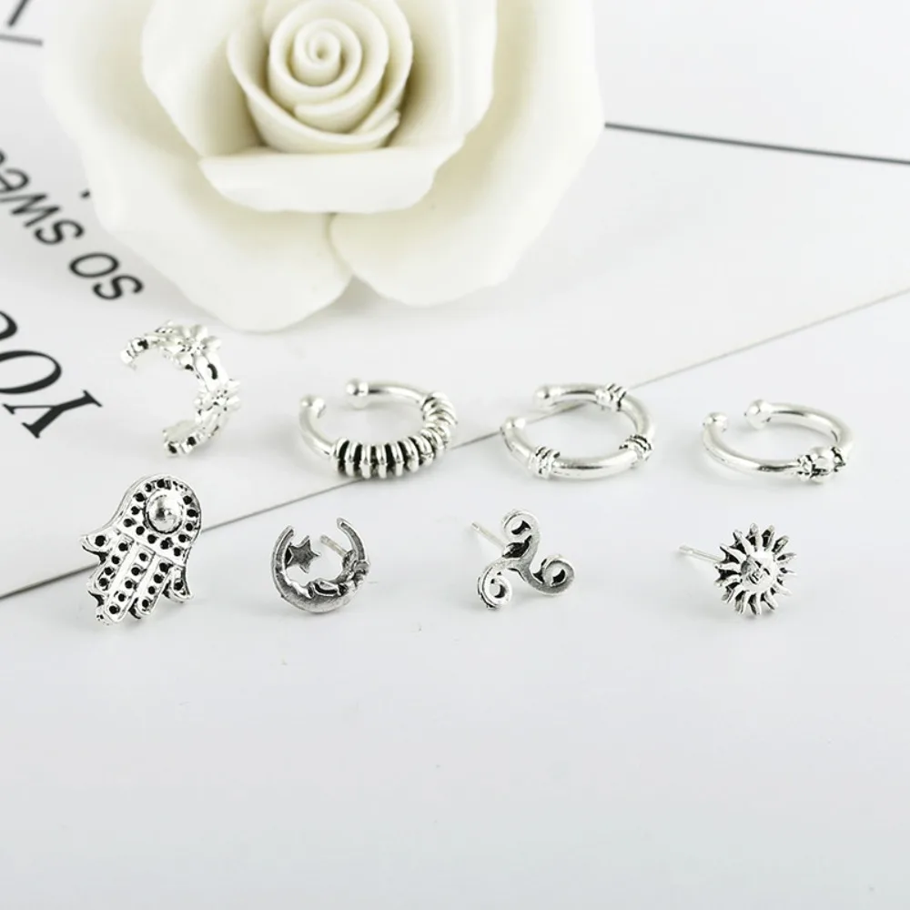 1ste European and American Bohemian Retro Sun-Moon Earrings Set of Eight Ear Pendants and Earrings