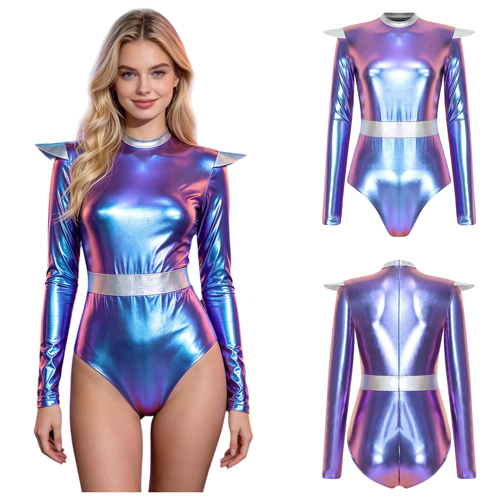 

Womens Robot Dress Up Costume Metallic Color Block Alien Bodysuit Mock Neck Long Sleeve Back Invisible Zipper Ballet Leotard