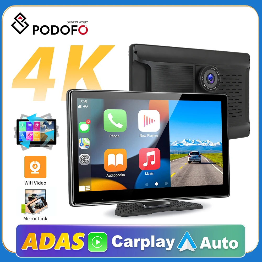 

Podofo 10.1" Screen Carplay Portable Smart Player Dash Cam Rearview Camera Suppport Android Auto/CarPlay With 4K Foward Camera