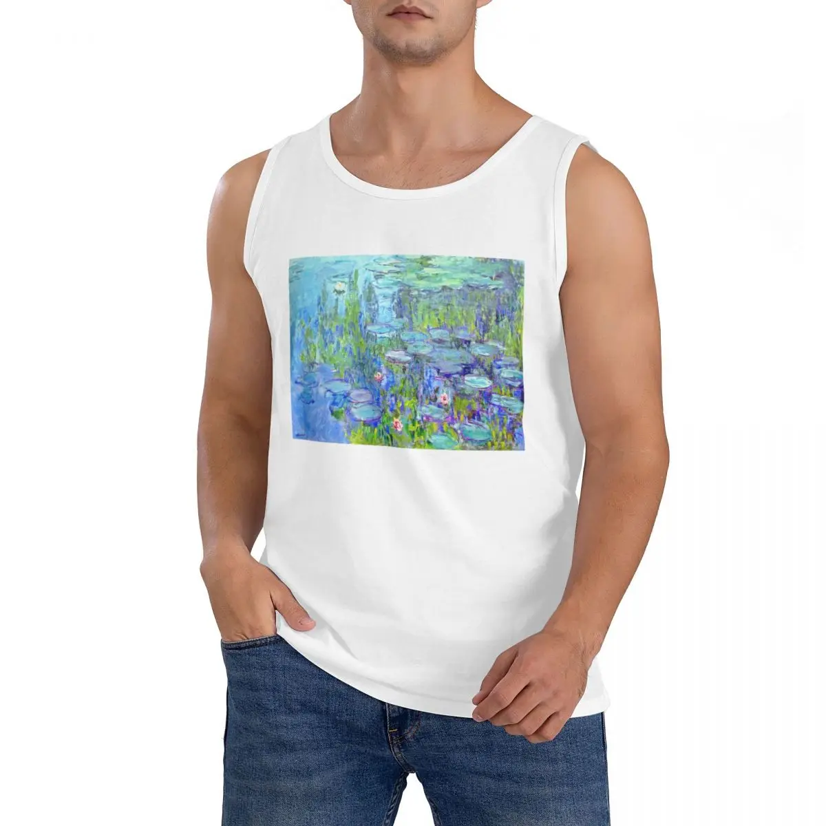 100% Cotton Female Long Water Lilies Claude Monet (19) Sleeveless T-Shirt Men Workout Sports Clothing Tops Men's Crew Neck Vest
