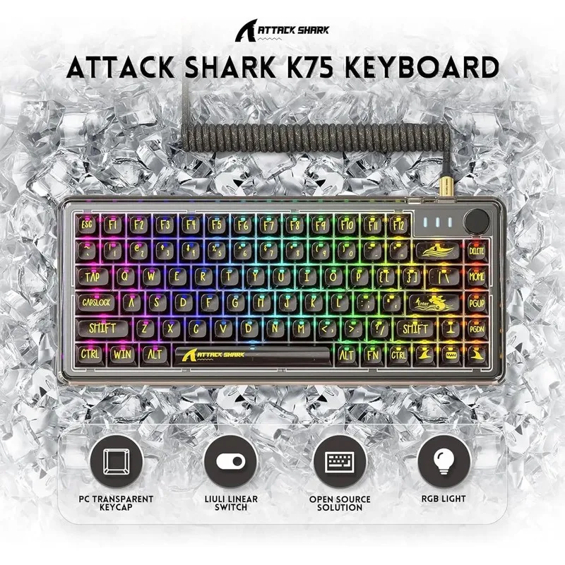 

Attack Shark K75 Transparent Mechanical Keyboard Customized Wired Rgb Hot Plug Gaming Esports Keyboard For Computer Electronic
