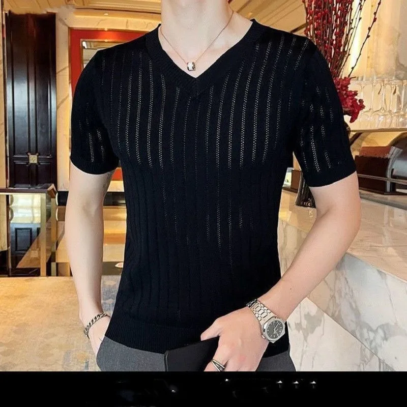 2024 Trend Summer Solid Color V-neck Hollow Out Men\'s Casual Thin Ice Silk Fabric Fashion Short Sleeve Slim Knitted T-shirt Tops