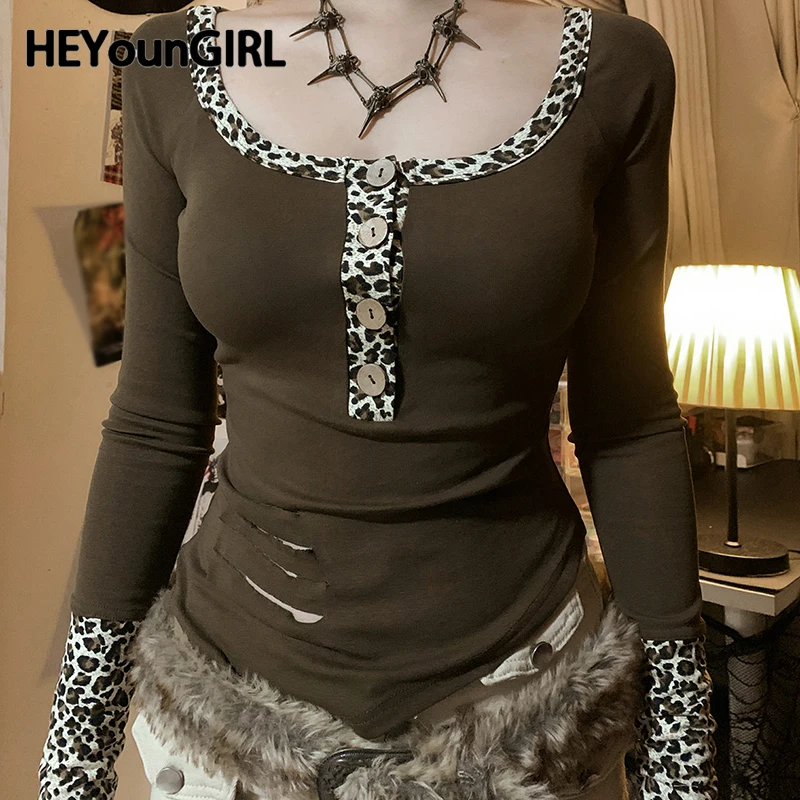 HEYounGIRL Asymmetric Y2K O Neck Crop Top Autumn Long Sleeve Contrast Leopard Slim T-shirt Vintage Ripped Detail Tee Streetwear