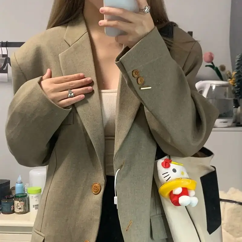 Women's Autumn/Winter British Style Short Long Sleeve Blazer Coat Retro Casual Solid Color Loose Single-breasted Woolen Blazer