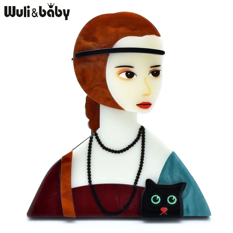 Wuli&baby Beautiful Acrylic Lady Figure Brooches For Women Famous Picture Girl Portrait Party Causal Brooch Pins Gifts