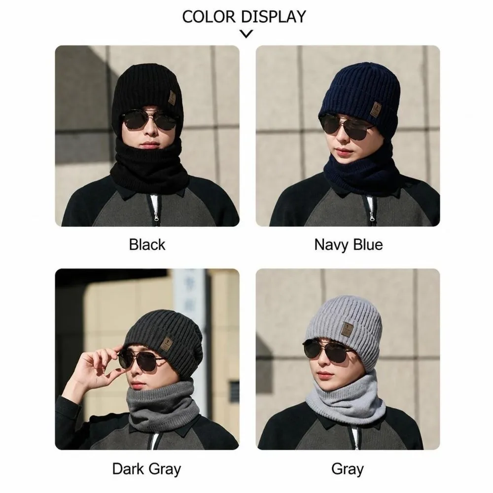 Solid Color Winter Beanie Hat Scarf Windproof Soft Woolen Winter Hat Thick Velvet Lining Warm Knitted Cap Scarf Set For Adults