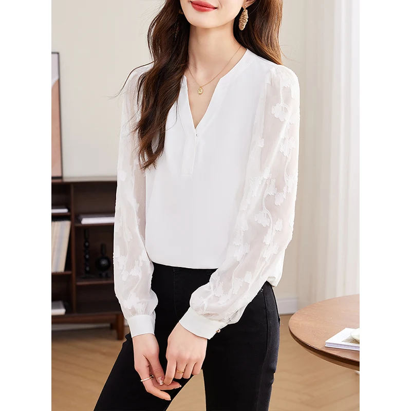 2024 Spring Lace Embroidery Elegant Solid Blouses Women Clothing Temperament Fashion V-neck Spliced Daily Commuting Shirt Tops