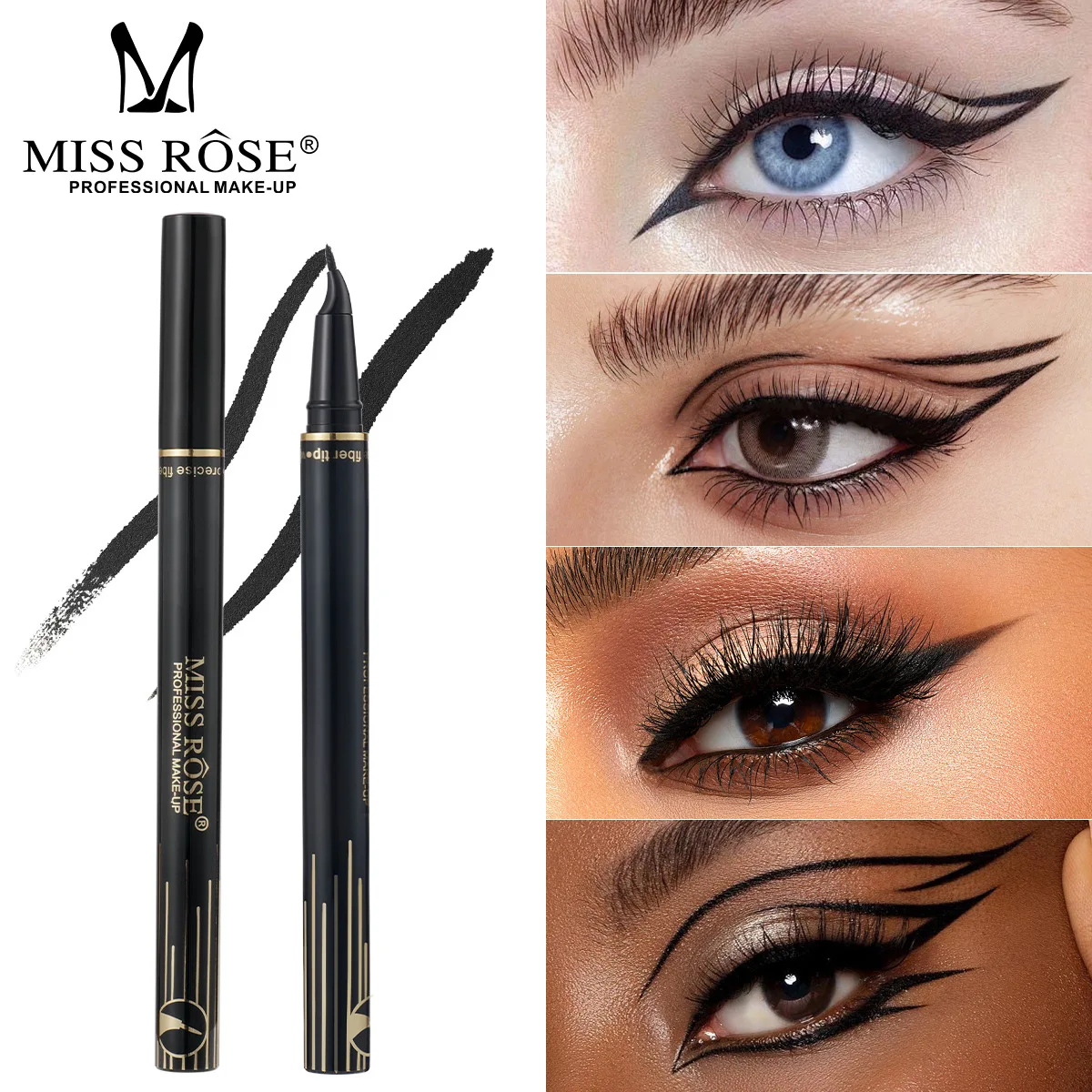 MISS ROSE Black Curved Cotton Tip Liquid Eyeliner Ultra Fine Texture Rich Color Smudge-proof Professional Eye Makeup Cosmetic