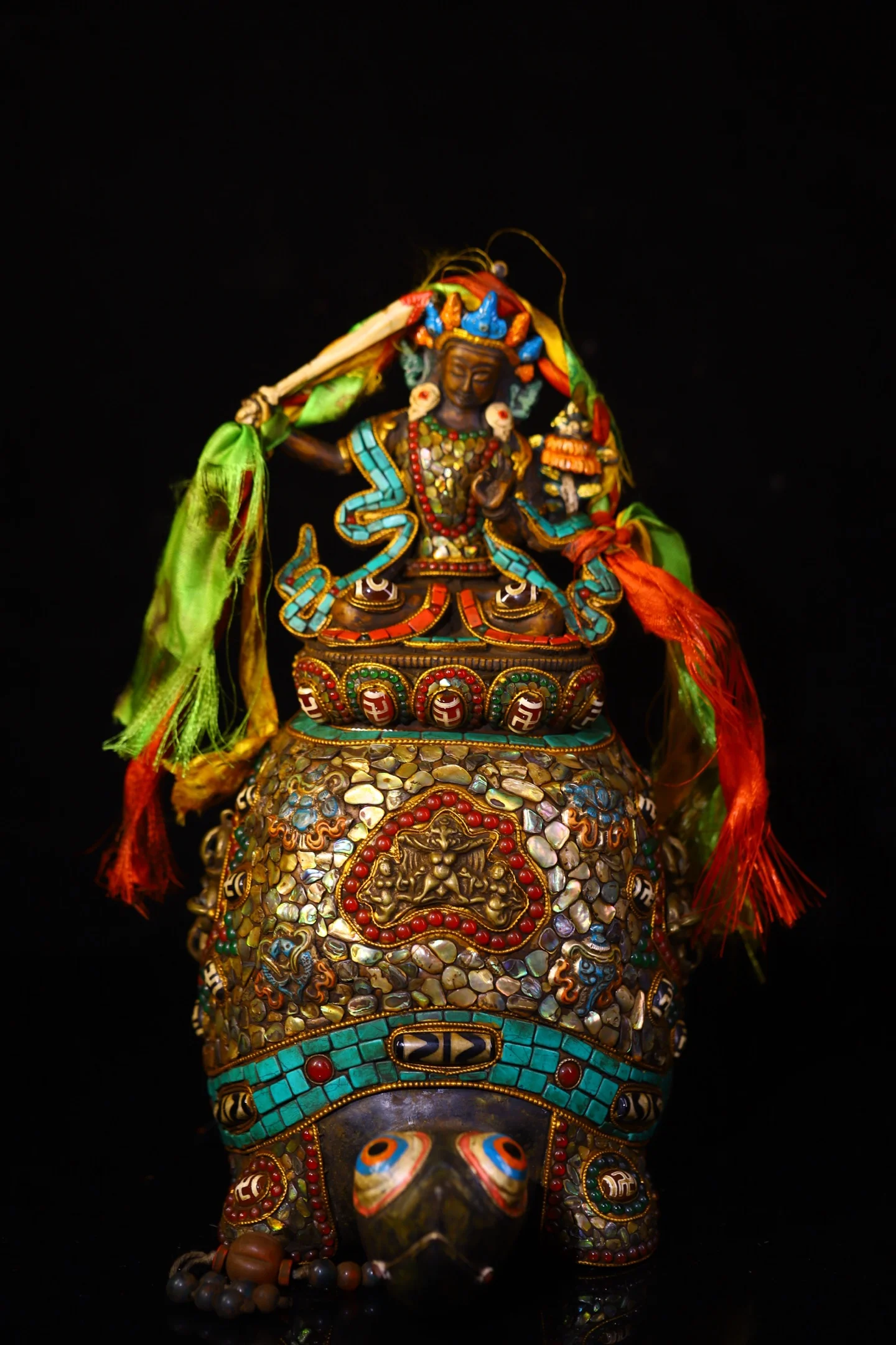 

12"Tibetan Temple Collection Old Natural Meteorite Mosaic Gem gZi Beads Turquoise Turtle Statue Manjusri Buddha Worship Hall