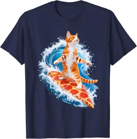 Cat Surfing on Pizza Slice Funny Surfer Kitten Cool Wave Art T-Shirt Y2k Quirky Cat Lover Silly Pizza Apparel Novelty Gifts Tees