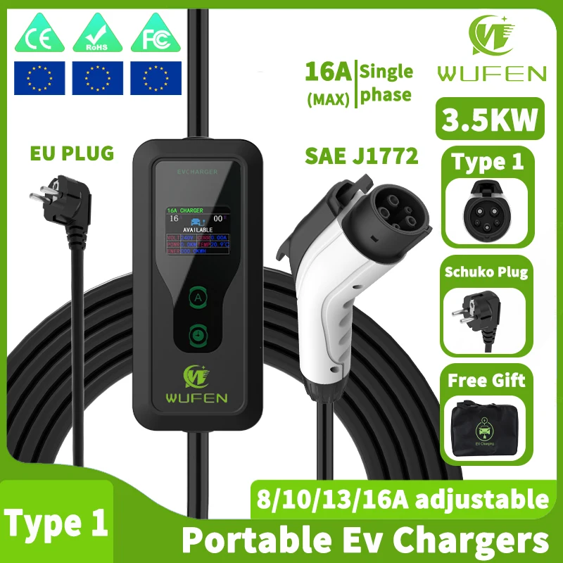 WUFEN Electric Vehicle Type 1 Level 2 Charger J1772 Home EV Charger Type 1 16A 220V 3.5KW CCS1 Car Charging for EU Countries