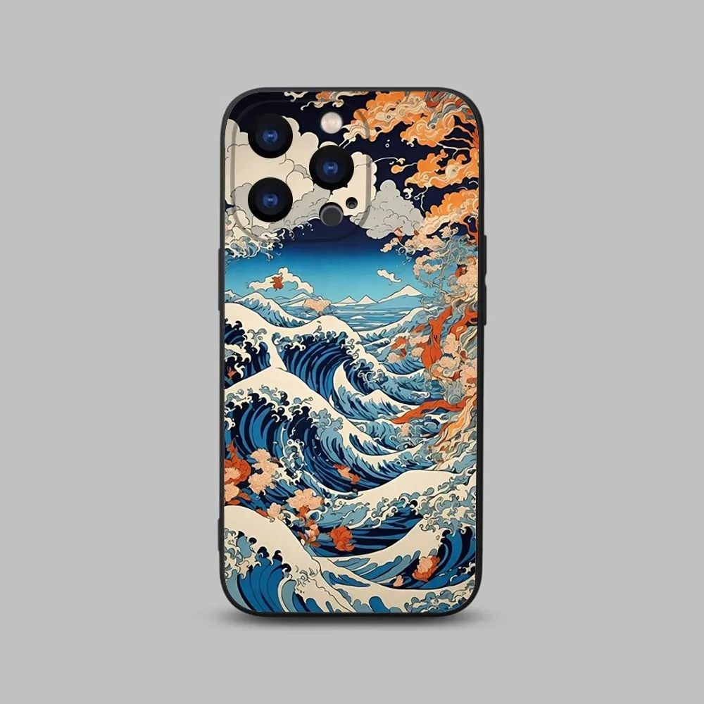 Great Wave Kanagawa Phone Case For iPhone 15,14,13,12,11 Plus,Pro,Max,XR,XS,X,7,8 Plus,SE,Mini Black Silicone Soft