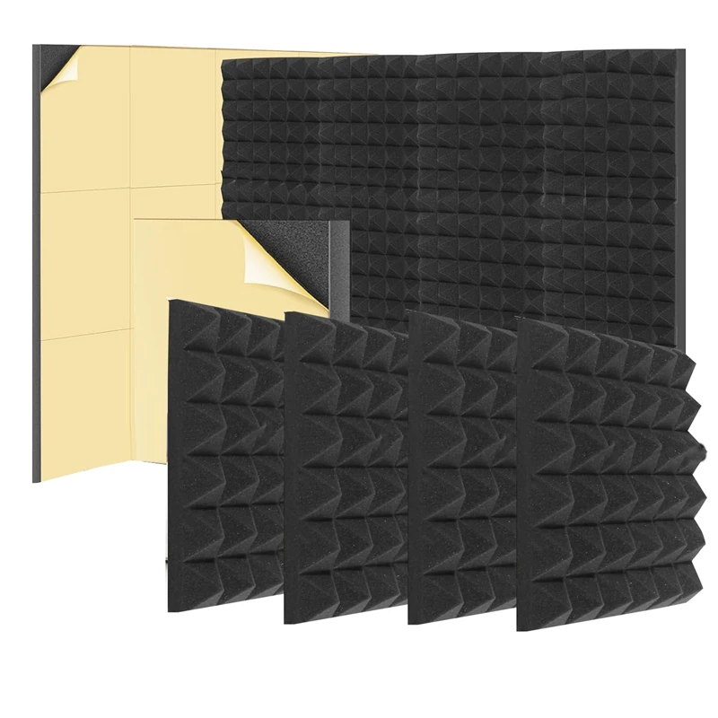 6 PCS Self Adhesive Soundproof Wall Panels 2X12x12inch Sound Proof Foam Panels Black For Wall,For Home,Recording Studio,Office