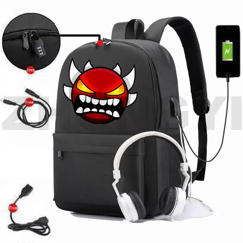 Angry Geometry Dash USB Charging Backpack Game Geometry Dash Anti Theft Big School Bags for Girls Men Laptop Business Mochila