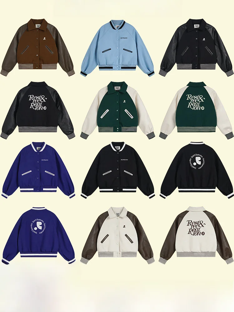 South korea Restandcreation Spring and Autumn Men's and Women's Same Embroidery Loose Button Baseball Uniform Jacket