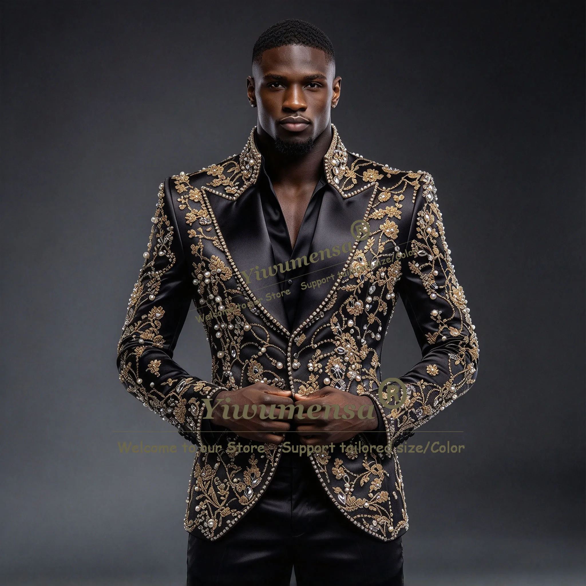 Handsome Beaded Stones Satin Suits Man For Wedding Plus Size Stand Collar Jacket Pants 2 Piece Sets Groom Tuxedo Customized 2027
