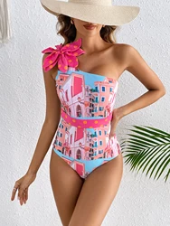 Sexy Shoulder Flower One Piece Women Swimsuit One Shoulder Printed Swimwear 2024 Special Bathing Suit Mujer Beachwear Clothing