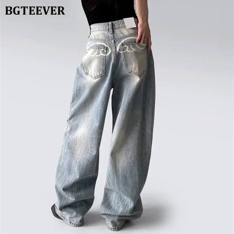 

BGTEEVER Fashion High Waist Wing Printed Denim Trousers for Women Vintage Wide Leg Female Jeans Pants