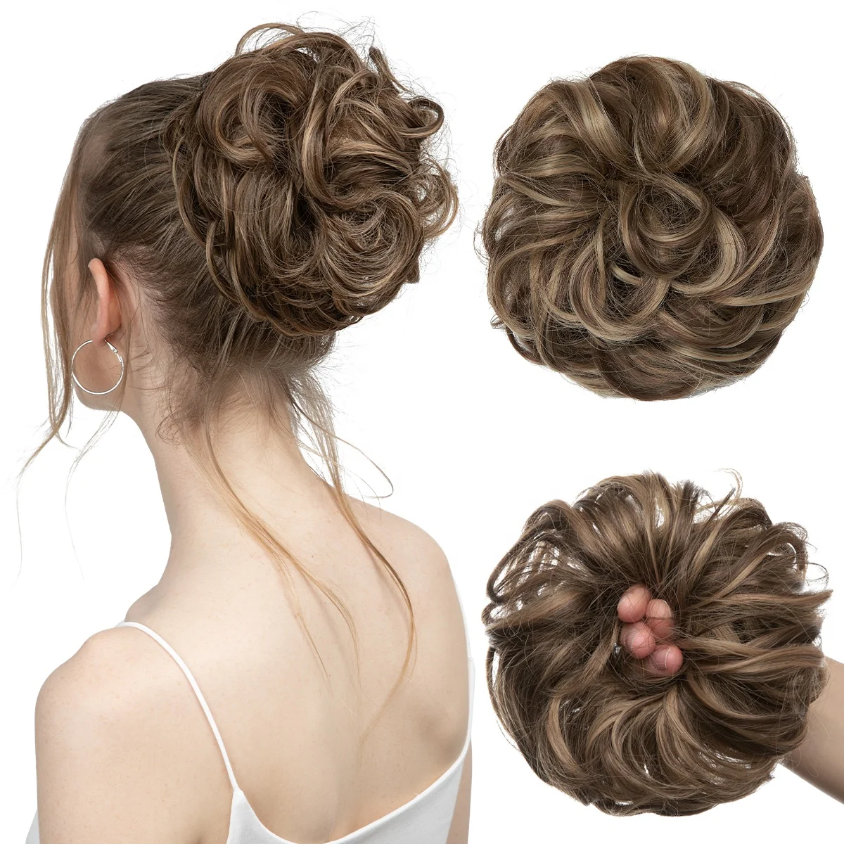 قسط الألياف الاصطناعية أوبدو مجعد Postiches صب فوضوي وهمية Scrunchies الشعر التمديد الكعك Chignon هيربيسي للنساء