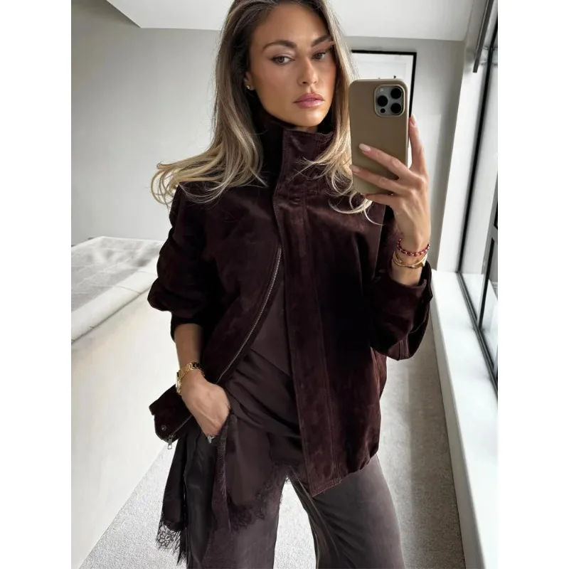 

Женские осенние модные куртки с высоким воротником, молнией, карманами, длинными рукавами, однотонные, повседневные, свободного кроя, в уличном стиле