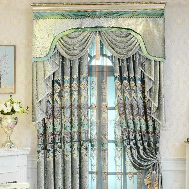 European Luxury Water-soluble Embroidered Curtains for Living Room Bedroom Semi Shading Chenille Jacquard Villa Curtains Tulles