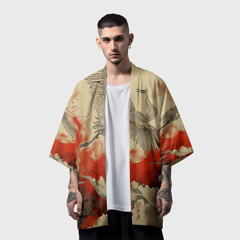 Summer Samurai Kimono Cosplay Stylish Crane Print Haori Streetwear Kimono Japanese Fashion Men Vintage Yukata Cardigan Robe