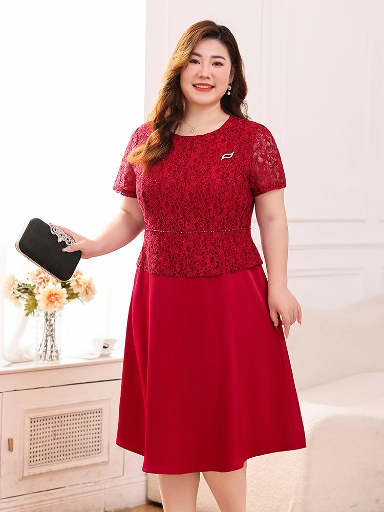 

Plus Size Summer Wedding Dr plus Size Lace Splicing Faionable Red Mother of the Bride Gown Parwear Polyester Fiber ort Sve