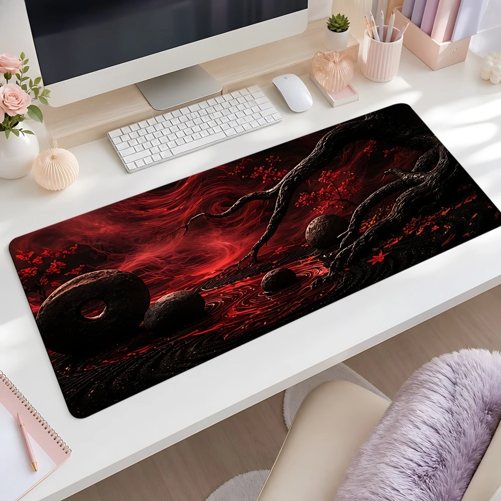 Anti-slip red and black abstract flame mouse pad - Simple oval desktop pad, suitable for office programmer desktop accessories
