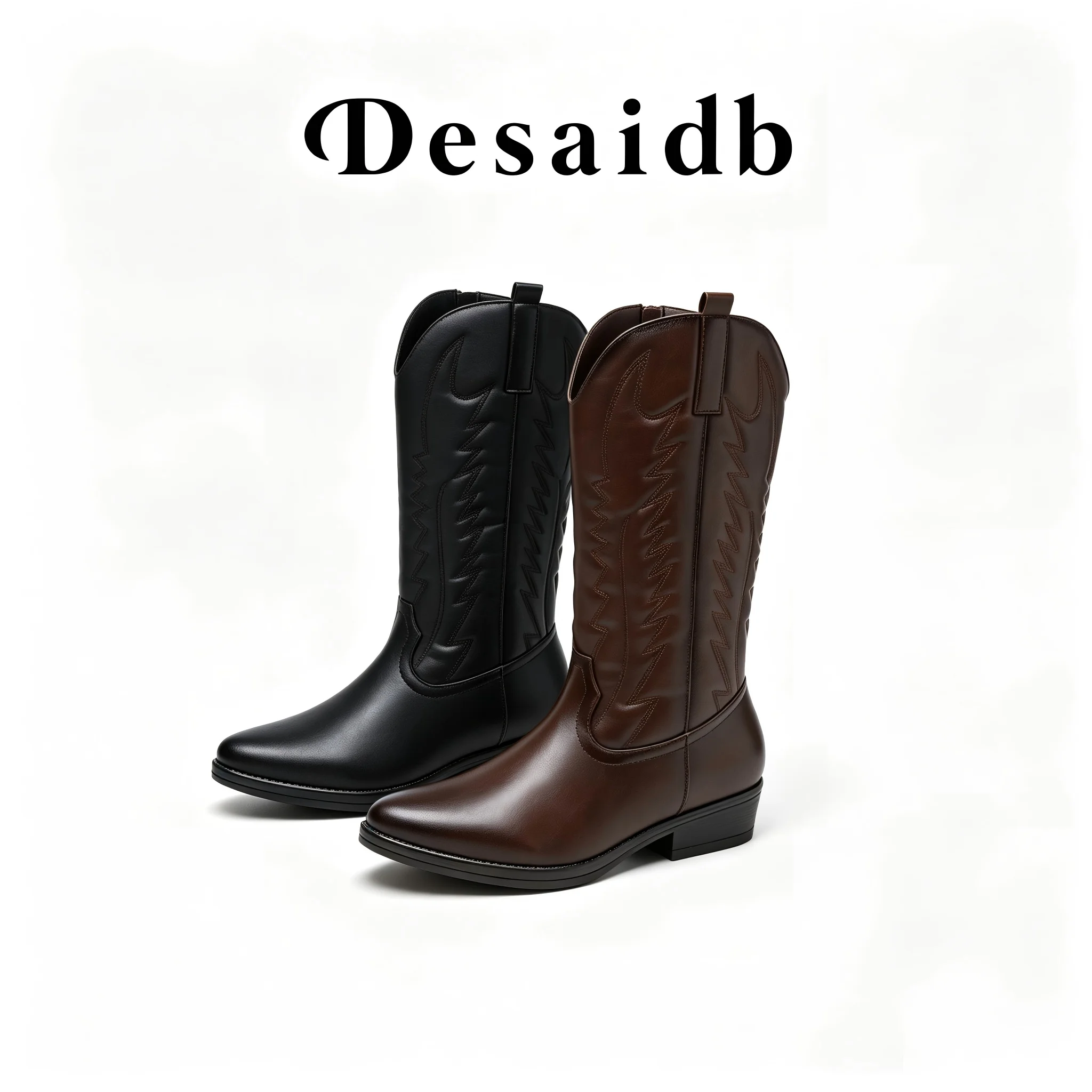 Desaidb Women Retro Western Embroidered Tall Cowboy Boots, V-Cut Side Zipper Chunky Heel High Shaft Knight Footwear