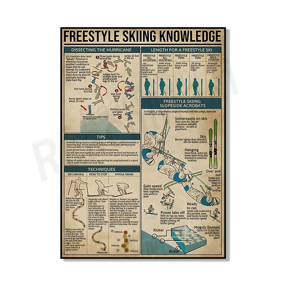 Freestyle skiing knowledge vintage prints, freestyle skiing tips, skiing instruction tips prints, vintage skiing enthusiast gift