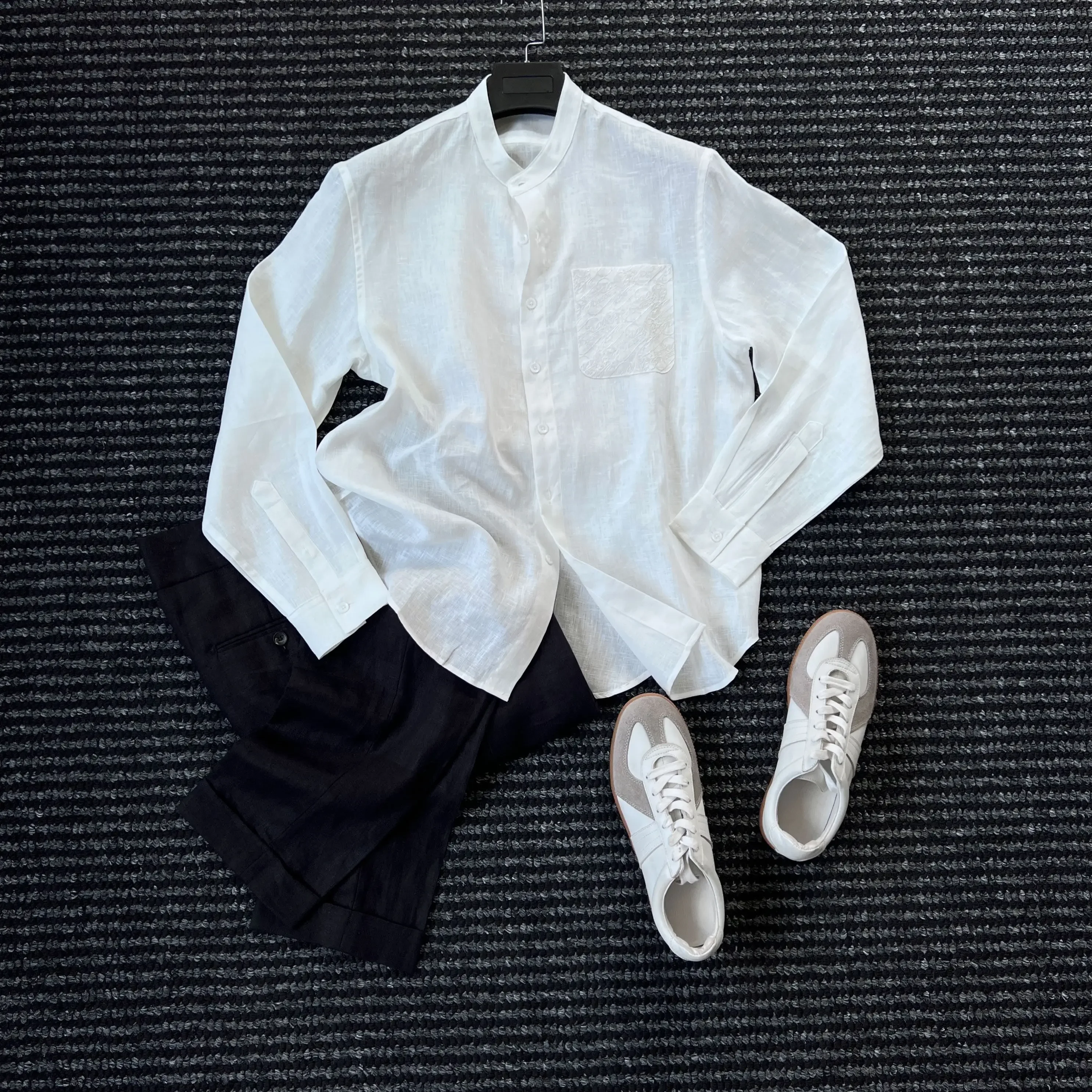 Summer high-end 10,000-needle embroidered stand-up collar 100 linen shirt men's and gentlemen's old money breathable shirt
