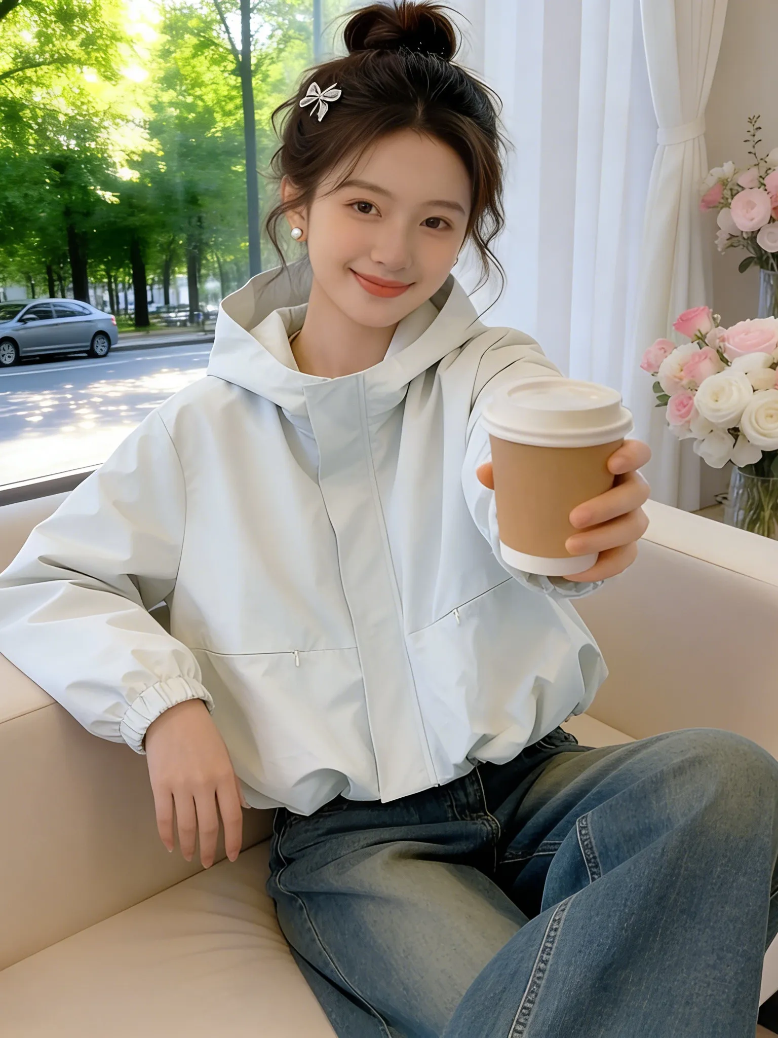 

Stylish Short Hooded Jacket Women's Spring Autumn New Casual Fashionable Ladies' European Style Zipper Closure Color Coat