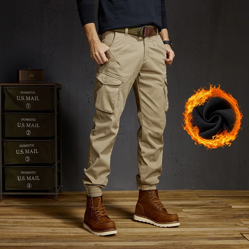 Winter Fleece Thick Warm Slim Fit Ankle Pants, High-quality 97% Cotton Stretch Men's Trousers Korean Style Casual Pants Overalls