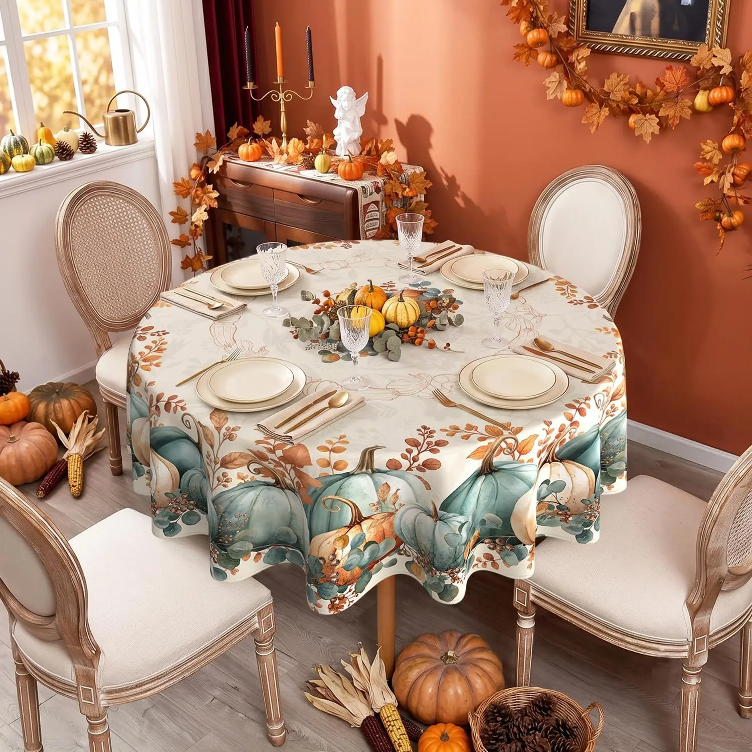 Fall Round Tablecloth 60 Inch, Stain Resistant Washable Fabric Autumn Pumpkin Table Cloth Round Fall Tablecloth Table Cover
