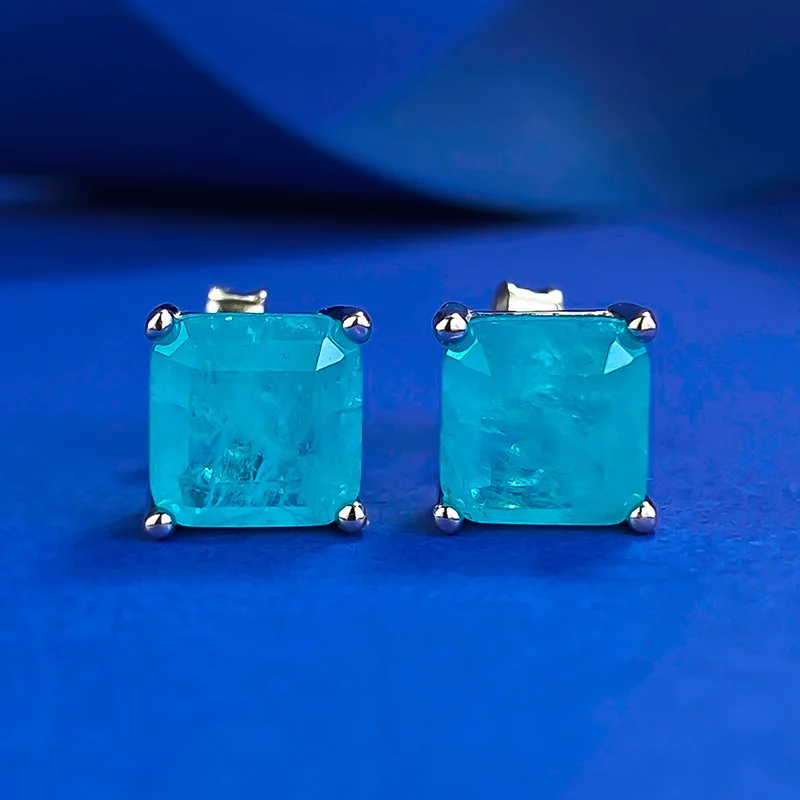 JECIRCON 7*7mm Square High Carbon Diamond Stud Earrings 925 Sterling Silver Green/Sea Blue Zircon European and American Popular