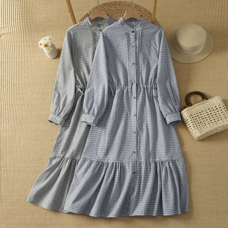 Autumn New Style Japanese Artistic Plaid Stand Collar Waist Cinching Drawstring Short Women's Long Sleeve Dress Casual Loose ...