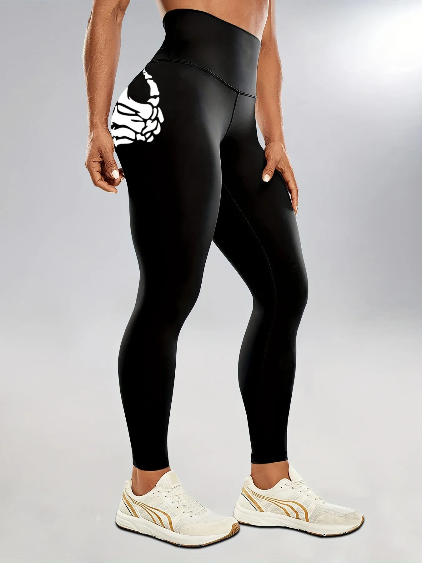 Halloween-Skeletthand Fluoreszierend Bedruckte Hochtaillierte Yoga-Hose Hochelastische Fitness-Strumpfhose – Detail 2
