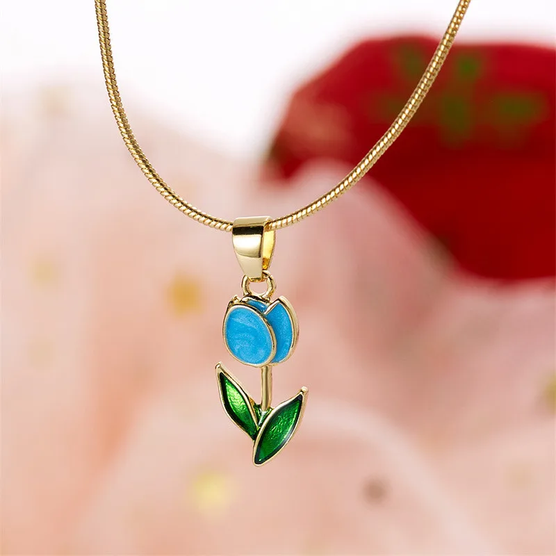 Vintage elegante Emaille-Halskette mit Tulpenblüten-Anhänger für Damen, modische Accessoires für junge Persönlichkeiten, Schlüsselbeinkette, Choker. – Detail 12