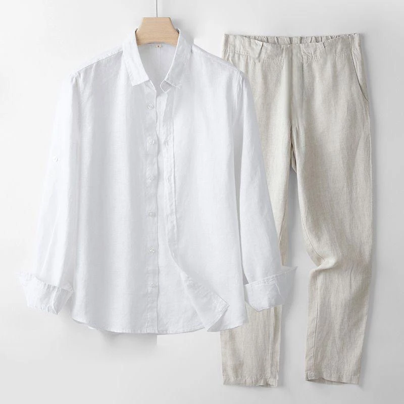

High-End Pure Linen Men's Summer Long Sleeve Shirt Spring Autumn Casual Pants Set Breathable Lightweight Chinese Style Loose Fit