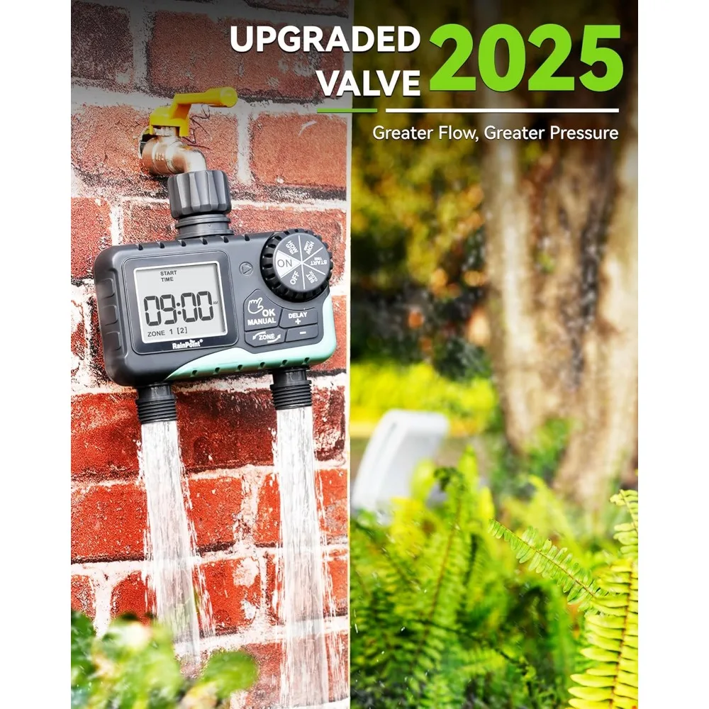 

2 Zone Garden Hose Timer Automatic Water Sprinkler System with Rain Delay and Manual Watering