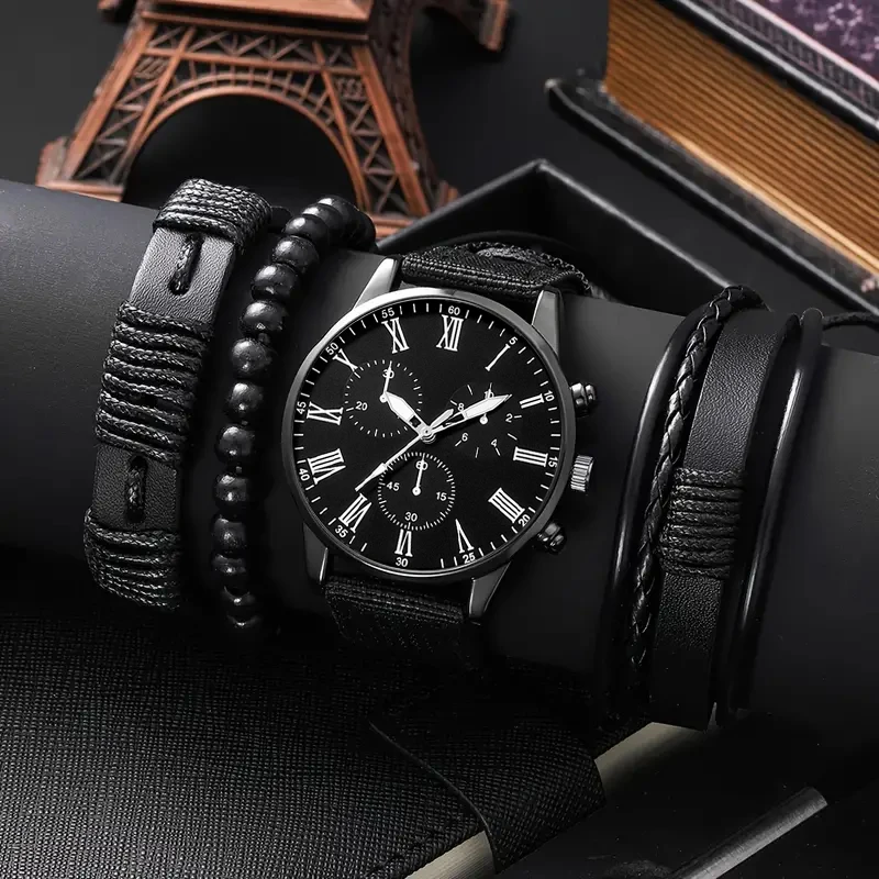 4-piece men's watch and accessories set, stylish and casual, featuring the latest trendy design, making it an ideal gift choice
