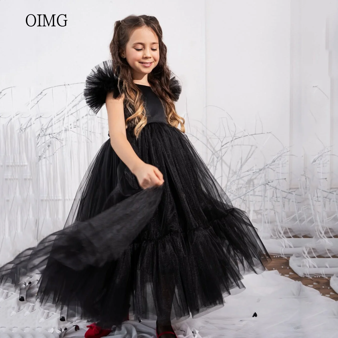 

OIMG Black A Line Flower Girl Dresses O Neck Gown Wedding Party Dress Princess Birthday Dress ropa de niña Customized