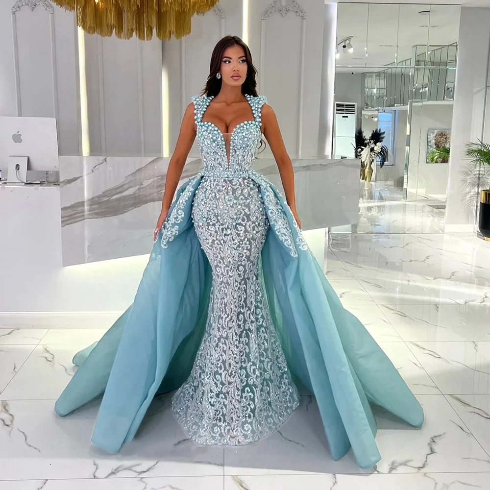 

Elegant Beading Evening Dresses 2025 Sleeveless Detachable Train Lace Mermaid Formal Occasion Customized Long Dress Vestidos