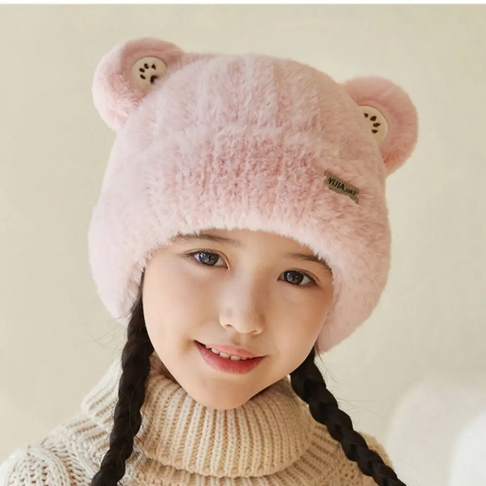 New Little Bear Ear Winter Kids Knitted Beanie Anti Cold Thicken Earflap Hat Plush Girls Ear Protection Cap Children