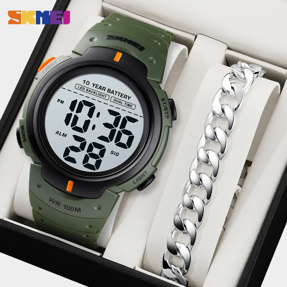 

SKMEI Спортивные цифровые часы для фитнеса для мужчин и женщин 100 м водонепроницаемые электронные наручные часы 10-летние часы с аккумулятором и браслет Reloj