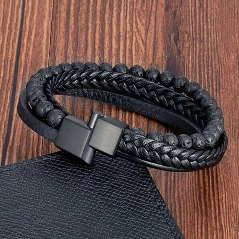 Fashion Volcanic Stone Beaded Bracelet Mutilayer Braided Leather Bracelet For Men Stainless Steel Magnetic Bangle Jewelry Gift