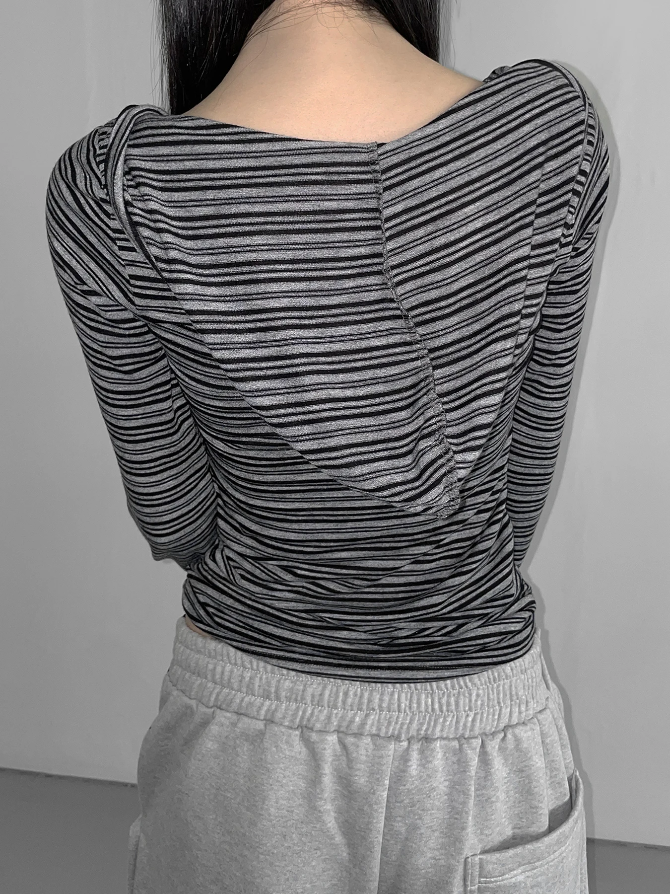 Casual Striped Breasted Long Sleeve Hooded T-Shirts Women Design Slim Fit Simple Fashion Blouses image 2